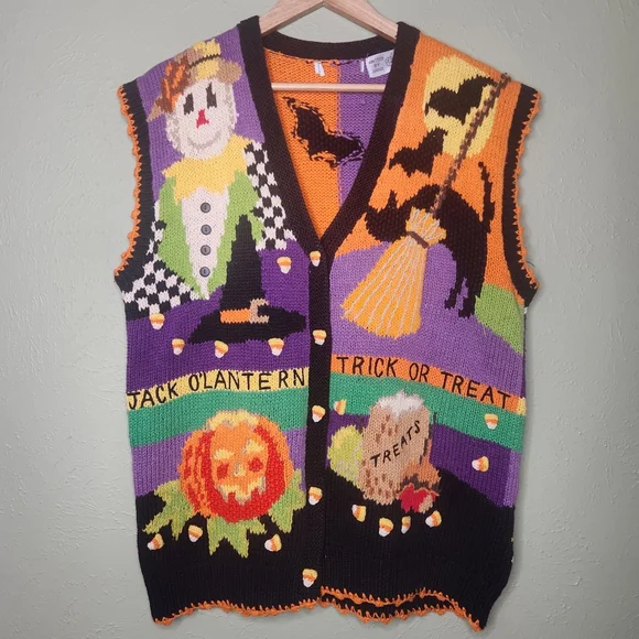 Vintage Halloween Sweater Vest XL Hand Knit Witchy Scarecrow Kitschy Teacher - Picture 1 of 11